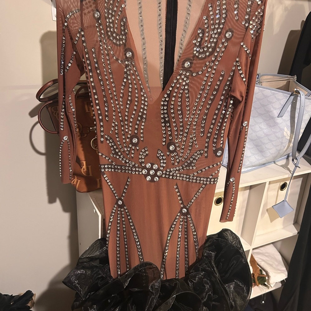 Brown Embellished Bodycon Dress with Plunge Neckline
